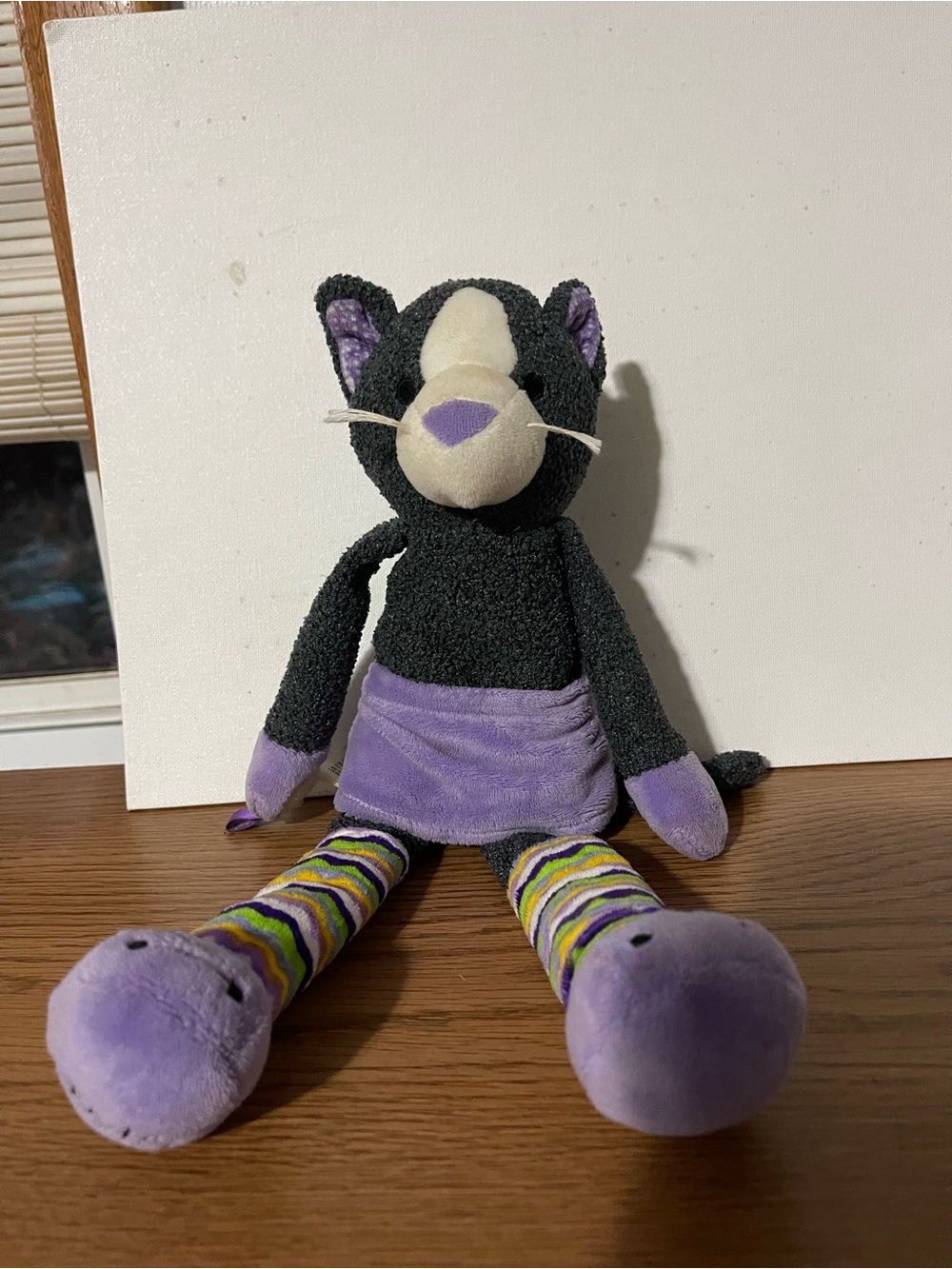 Scentsy Black and Purple Plush Cat Toy with Striped Legs